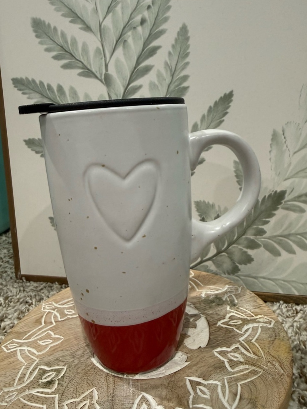 White Ceramic Travel Mug with Red Base and Heart Detail